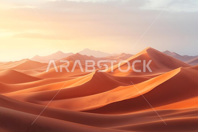 التشكيلات والكثبان الرملية الكثيفة في الصحراء, منظر الرمال الذهبية الناعمة, البيئة الجافة القاسية في صحاري المملكة العربية السعودية, التضاريس والتلال في المناطق الصحراوية, الأراضي و المساحات الواسعة