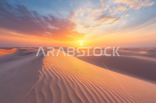 منظر غروب الشمس على الرمال الذهبية الناعمة, البيئة الجافة القاسية في صحاري المملكة العربية السعودية, التضاريس والتلال في المناطق الصحراوية, الأراضي و المساحات الواسعة, التشكيلات والكثبان الرملية الكثيفة في الصحراء