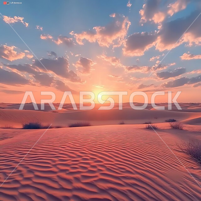 منظر غروب الشمس على الرمال الذهبية الناعمة, البيئة الجافة القاسية في صحاري المملكة العربية السعودية, التضاريس والتلال في المناطق الصحراوية, الأراضي و المساحات الواسعة, التشكيلات والكثبان الرملية الكثيفة في الصحراء