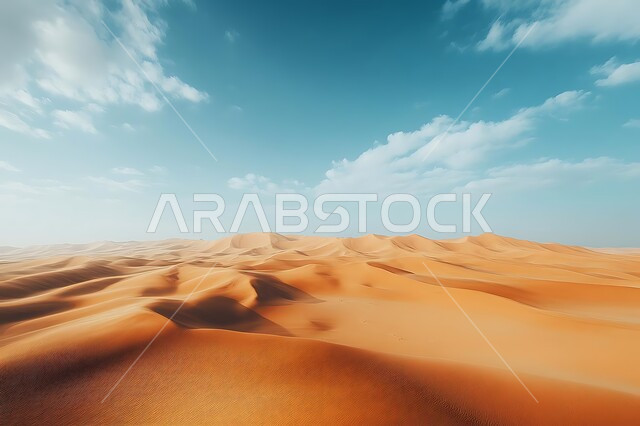 التشكيلات والكثبان الرملية الكثيفة في الصحراء, منظر الرمال الذهبية الناعمة, البيئة الجافة القاسية في صحاري المملكة العربية السعودية, التضاريس والتلال في المناطق الصحراوية, الأراضي و المساحات الواسعة