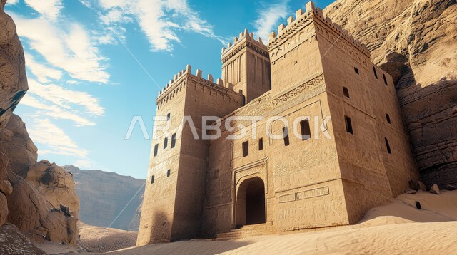 العراقة والأصالة والتراث السعودي, الآثار التاريخية القديمة, السياحة في الطبيعة الصحراوية, التكوينات والتشكيلات الحجرية الأثرية, حصن تراثي في موقع أثري سياحي في المملكة العربية السعودية, الرمال الذهبية الناعمة في الصحاري الخليجية