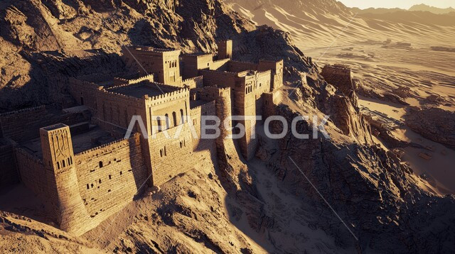 Saudi antiquity, authenticity and heritage, ancient historical monuments, tourism in desert nature, archaeological stone formations and formations, a heritage fort in an archaeological tourist site in the Kingdom of Saudi Arabia, soft golden sands in the Gulf deserts