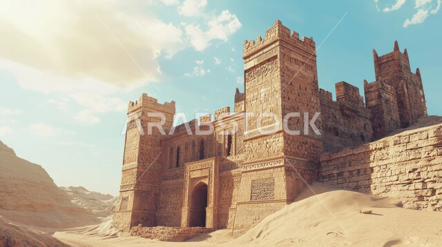 حصن تراثي في موقع أثري سياحي في المملكة العربية السعودية, العراقة والأصالة والتراث السعودي, الآثار التاريخية القديمة, السياحة في الطبيعة الصحراوية, التكوينات والتشكيلات الحجرية الأثرية, الرمال الذهبية الناعمة في الصحاري الخليجية