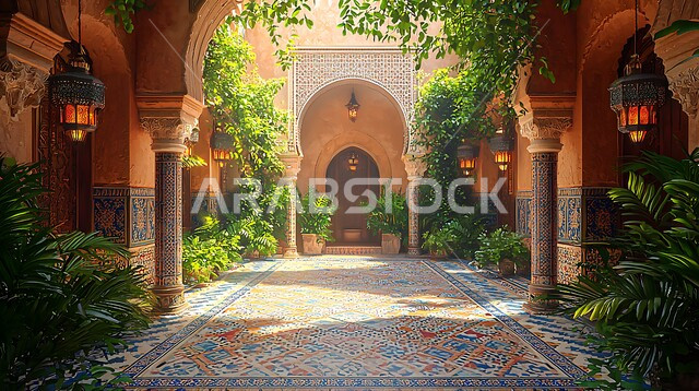 الاستمتاع بالأجواء الهادئة والمساحات الخضراء، ساحات مصممة على الطراز العربي القديم، الأعمدة والأقواس المنقوشة بزخارف الآرابيسك الملونة، التاريخ السعودي الغني بالتراث العريق، أماكن تراثية شعبية، التصاميم والديكورات لحدائق وفناء البيوت الخارجية، الفوانيس المعدنية المعلقة المضيئة