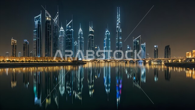 انعكاس برج خليفة وناطحات السحاب المضيئة ليلا على الساحل في مدينة دبي، الفن الهندسي المعماري لبناء الابراج والمنشآت السكنية والتجارية على الطراز الحديث، معالم وأماكن سياحية مشهورة في الإمارات العربية المتحدة