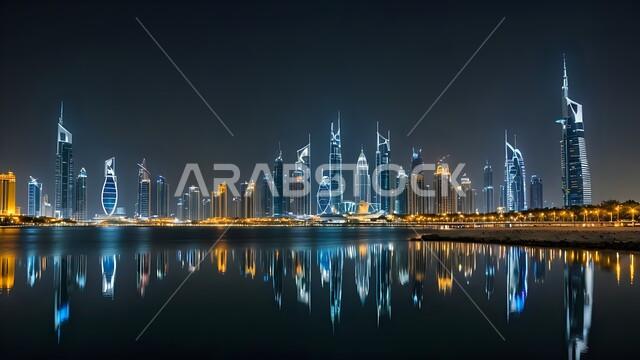 منظر ليلي لناطحات السحاب الحديثة المضيئة في دبي تنعكس على المياه الهادئة، مما يخلق مشهداً حضرياً متماثلاً مذهلاً.