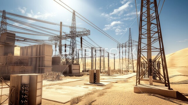 High voltage transmission towers in the desert of Saudi Arabia, providing and supplying electricity services in remote and distant areas, an electric power station with distribution poles, lines and networks, forming hills and sand dunes in desert natural places, interest in infrastructure development works