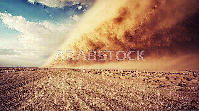رياح ترابية في المناطق الصحراوية, الظواهر والكوارث الطبيعية، منظر الإعصار الهوائي، التشكيلات والتكوينات في المملكة العربية السعودية، الزوابع والاعاصير الغبارية، الكثبان والرمال الذهبية الناعمة، تشكل العاصفة الرملية في الصحراء