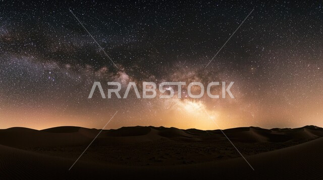 منظر لمجرة درب التبانة والنجوم اللامعة في سماء السعودية, التضاريس والمرتفعات والكثبان الرملية في المملكة وقت الليل، التشكلات والتكوينات من الرمال الناعمة، البيئة الصحراوية الجافة في الصحراء العربية، خلفية الطبيعة