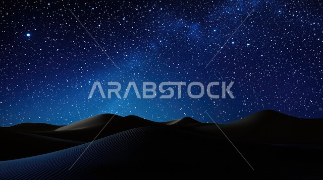 منظر لمجرة درب التبانة والنجوم اللامعة في سماء السعودية, التضاريس والمرتفعات والكثبان الرملية في المملكة وقت الليل، التشكلات والتكوينات من الرمال الناعمة، البيئة الصحراوية الجافة في الصحراء العربية، خلفية الطبيعة