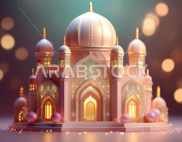 الأجواء الروحانية الإسلامية في السعودية، تصاميم تقليدية للاحتفال بالمناسبات الدينية، مجسم ثلاثي الأبعاد لمسجد إسلامي، أماكن أداء الفرائض والعبادات، مفهوم العبادة والتقرب إلى الله، الفن الهندسي المعماري لبناء القبب والمآذن الشامخة على الطراز العربي الحديث