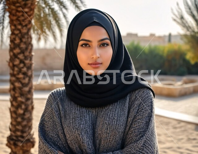 الاناقه و الاهتمام بالمظهر الخارجي، مفهوم القوة والثقه بالنفس, صورة مقربة لامرأة عربية خليجية سعودية محجبة ترتدي العباءة تقف باستقامة تنظر إلى الكاميرا بايماءات السرور