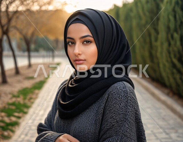 مفهوم القوة والثقه بالنفس, صورة مقربة لامرأة عربية خليجية سعودية محجبة ترتدي العباءة تقف باستقامة تنظر إلى الكاميرا بايماءات السرور، الاناقه و الاهتمام بالمظهر الخارجي