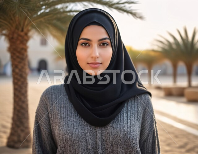 الاناقه و الاهتمام بالمظهر الخارجي، مفهوم القوة والثقه بالنفس, صورة مقربة لامرأة عربية خليجية سعودية محجبة ترتدي العباءة تقف باستقامة تنظر إلى الكاميرا بايماءات السرور