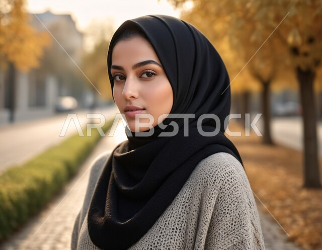 مفهوم القوة والثقه بالنفس, صورة مقربة لامرأة عربية خليجية سعودية محجبة ترتدي العباءة تقف باستقامة تنظر إلى الكاميرا بايماءات السرور، الاناقه و الاهتمام بالمظهر الخارجي