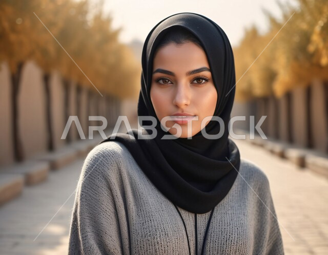 مفهوم القوة والثقه بالنفس, صورة مقربة لامرأة عربية خليجية سعودية محجبة ترتدي العباءة تقف باستقامة تنظر إلى الكاميرا بايماءات السرور، الاناقه و الاهتمام بالمظهر الخارجي
