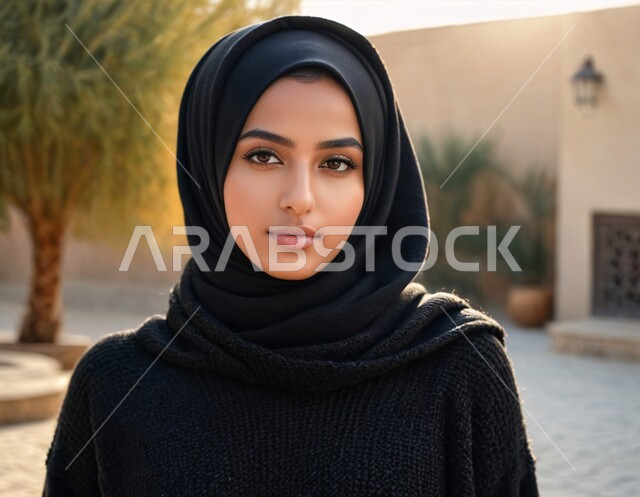 الاهتمام بالمظهر الخارجي، مفهوم القوة والثقه بالنفس, صورة مقربة لامرأة عربية خليجية سعودية محجبة ترتدي العباءة تقف باستقامة تنظر إلى الكاميرا بايماءات السرور