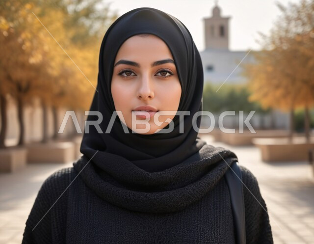الاناقه و الاهتمام بالمظهر الخارجي، مفهوم القوة والثقه بالنفس, صورة مقربة لامرأة عربية خليجية سعودية محجبة ترتدي العباءة تقف باستقامة تنظر إلى الكاميرا بايماءات السرور