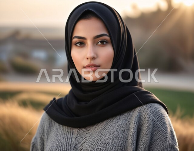 Concern about appearance, concept of strength and self-confidence, close-up of a veiled Saudi Arabian Gulf woman wearing an abaya standing straight looking at the camera with gestures of pleasure