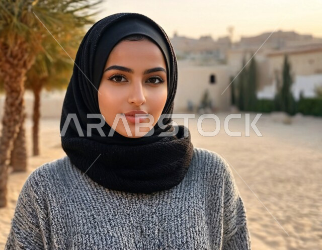 مفهوم القوة والثقه بالنفس, صورة مقربة لامرأة عربية خليجية سعودية محجبة ترتدي العباءة تقف باستقامة تنظر إلى الكاميرا بايماءات السرور، الاناقه و الاهتمام بالمظهر الخارجي