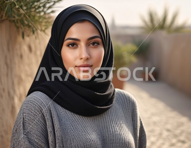الاناقه و الاهتمام بالمظهر الخارجي، مفهوم القوة والثقه بالنفس, صورة مقربة لامرأة عربية خليجية سعودية محجبة ترتدي العباءة تقف باستقامة تنظر إلى الكاميرا بايماءات السرور