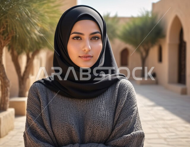 مفهوم القوة والثقه بالنفس, صورة مقربة لامرأة عربية خليجية سعودية محجبة ترتدي العباءة تقف باستقامة تنظر إلى الكاميرا بايماءات السرور، الاناقه و الاهتمام بالمظهر الخارجي