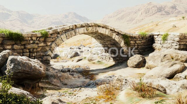 جسر حجري قديم مبني فوق مجرى نهر جاف في جبال المملكة العربية السعودية، العمارة التاريخية للمعالم الأثرية القديمة، المناطق النائية والقرى المهجورة، المناظر الطبيعية المتميزة, التكوينات والتشكيلات الحجرية، الفن الهندسي المعماري على الطراز القديم
