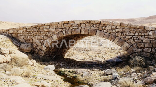 جسر حجري قديم مبني فوق مجرى نهر جاف في جبال المملكة العربية السعودية، العمارة التاريخية للمعالم الأثرية القديمة، المناطق النائية والقرى المهجورة، المناظر الطبيعية المتميزة, التكوينات والتشكيلات الحجرية، الفن الهندسي المعماري على الطراز القديم
