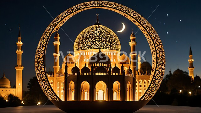 أجواء رمضانية روحانية، الاعياد والمناسبات الدينية، مجسم ثلاثي الابعاد لمسجد مضيء على الطراز الاسلامي، العبادة والتقرب الى الله في شهر رمضان المبارك، ديكورات وزينة وتصاميم اسلامية دينية فاخرة، منظر الهلال المضيء في السماء 