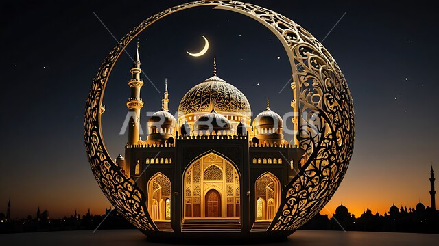 Spiritual Ramadan atmosphere, religious holidays and occasions, 3D model of a lit mosque in the Islamic style, worship and getting closer to God in the holy month of Ramadan, luxurious Islamic religious decorations, ornaments and designs, view of the lit crescent moon in the sky