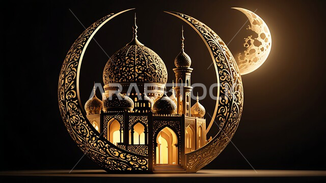 أجواء رمضانية روحانية، الاعياد والمناسبات الدينية، مجسم ثلاثي الابعاد لمسجد مضيء على الطراز الاسلامي، العبادة والتقرب الى الله في شهر رمضان المبارك، ديكورات وزينة وتصاميم اسلامية دينية فاخرة، منظر الهلال المضيء في السماء 