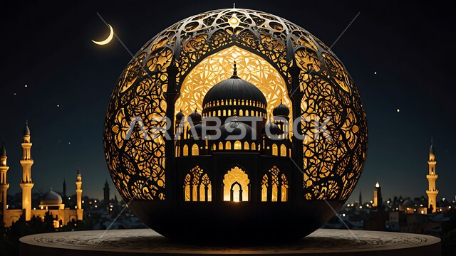 Spiritual Ramadan atmosphere, religious holidays and occasions, 3D model of a lit mosque in the Islamic style, worship and getting closer to God in the holy month of Ramadan, luxurious Islamic religious decorations, ornaments and designs, view of the lit crescent moon in the sky