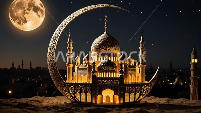 مجسم ثلاثي الابعاد لمسجد مضيء على الطراز الاسلامي، أجواء رمضانية روحانية، الاعياد والمناسبات الدينية، العبادة والتقرب الى الله في شهر رمضان المبارك، ديكورات وزينة وتصاميم اسلامية دينية فاخرة، منظر البدر المكتمل في السماء