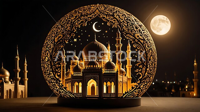 مجسم ثلاثي الابعاد لمسجد مضيء على الطراز الاسلامي، أجواء رمضانية روحانية، الاعياد والمناسبات الدينية، العبادة والتقرب الى الله في شهر رمضان المبارك، ديكورات وزينة وتصاميم اسلامية دينية فاخرة، منظر البدر المكتمل في السماء
