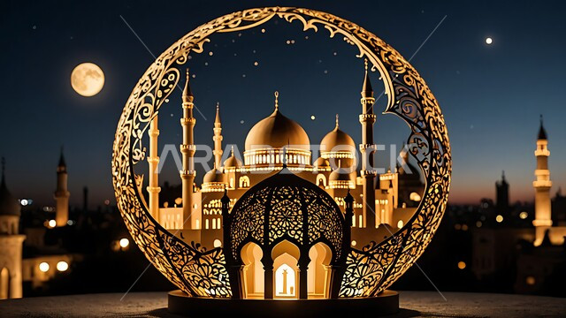 مجسم ثلاثي الابعاد لمسجد مضيء على الطراز الاسلامي، أجواء رمضانية روحانية، الاعياد والمناسبات الدينية، العبادة والتقرب الى الله في شهر رمضان المبارك، ديكورات وزينة وتصاميم اسلامية دينية فاخرة، منظر البدر المكتمل في السماء