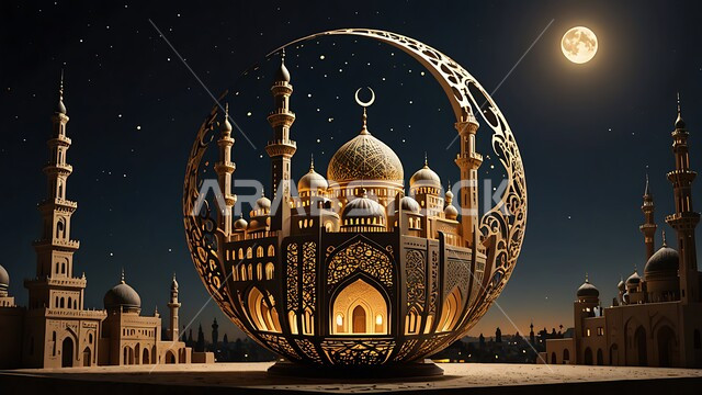 مجسم ثلاثي الابعاد لمسجد مضيء على الطراز الاسلامي، أجواء رمضانية روحانية، الاعياد والمناسبات الدينية، العبادة والتقرب الى الله في شهر رمضان المبارك، ديكورات وزينة وتصاميم اسلامية دينية فاخرة، منظر البدر المكتمل في السماء