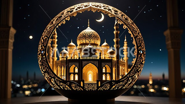 أجواء رمضانية روحانية، الاعياد والمناسبات الدينية، مجسم ثلاثي الابعاد لمسجد مضيء على الطراز الاسلامي، العبادة والتقرب الى الله في شهر رمضان المبارك، ديكورات وزينة وتصاميم اسلامية دينية فاخرة، منظر الهلال المضيء في السماء 