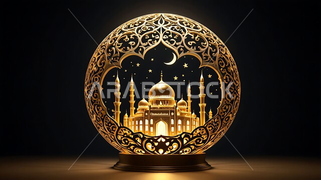 ديكورات وزينة وتصاميم اسلامية دينية فاخرة، مجسم ثلاثي الابعاد لمسجد مضيء على الطراز الاسلامي، أجواء رمضانية روحانية، الاعياد والمناسبات الدينية، العبادة والتقرب الى الله في شهر رمضان المبارك