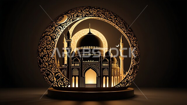 ديكورات وزينة وتصاميم اسلامية دينية فاخرة، مجسم ثلاثي الابعاد لمسجد مضيء على الطراز الاسلامي، أجواء رمضانية روحانية، الاعياد والمناسبات الدينية، العبادة والتقرب الى الله في شهر رمضان المبارك