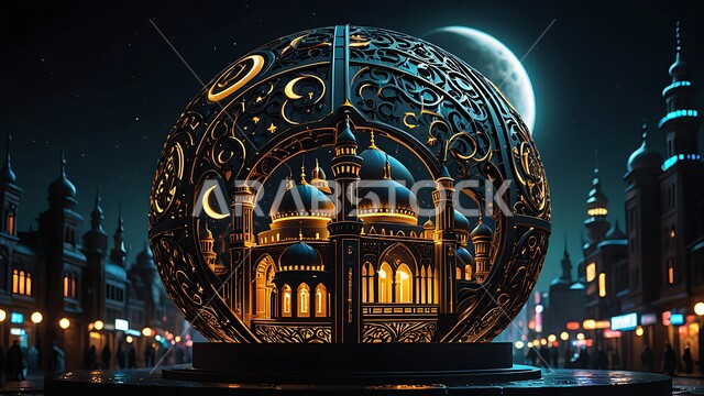 ديكورات وزينة وتصاميم اسلامية دينية فاخرة، مجسم ثلاثي الابعاد لمسجد مضيء على الطراز الاسلامي، أجواء رمضانية روحانية، الاعياد والمناسبات الدينية، العبادة والتقرب الى الله في شهر رمضان المبارك