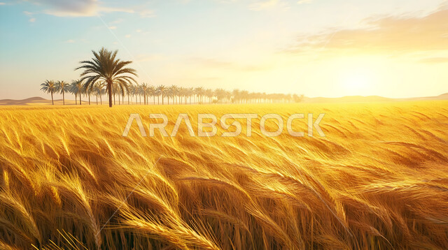  محاصيل ومنتجات وطنية محلية، حقل من نباتات القمح الذهبي اللامع في النهار، سنابل صفراء ناضجة، منظر السماء الزرقاء المليئة بالغيوم، المزارع و الحقول الطبيعية الخصبة في المملكة العربية السعودية