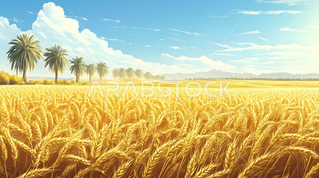  محاصيل ومنتجات وطنية محلية، حقل من نباتات القمح الذهبي اللامع في النهار، سنابل صفراء ناضجة، منظر السماء الزرقاء المليئة بالغيوم، المزارع و الحقول الطبيعية الخصبة في المملكة العربية السعودية