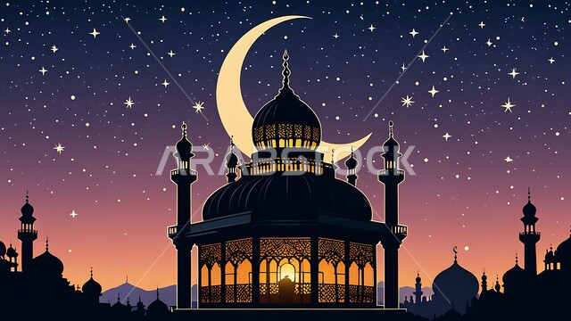 Lanterns, antiques and traditional decorations to celebrate the coming of the holy month of Ramadan, Arab customs and traditions in decorating holidays and religious occasions, a decorated metal Arabic lantern illuminated on the floor, Ramadan atmosphere and Islamic spirituality