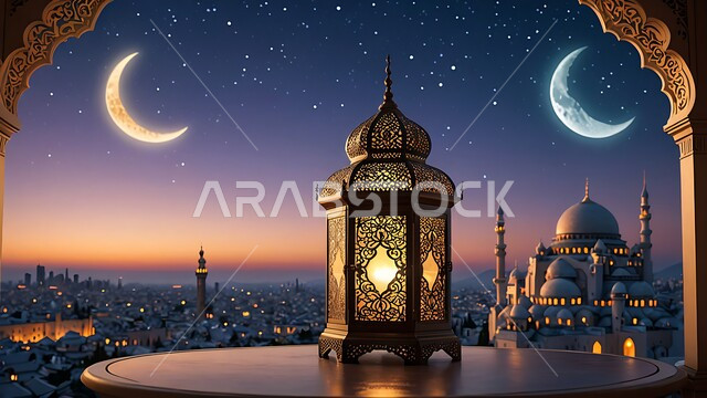 فوانيس وتحف وديكورات تقليدية للاحتفال بقدوم شهر رمضان المبارك، العادات والتقاليد العربية في زينة الأعياد والمناسبات الدينية، فانوس عربي معدني مزخرف مضيء على الأرض، أجواء رمضانية وروحانية إسلامية