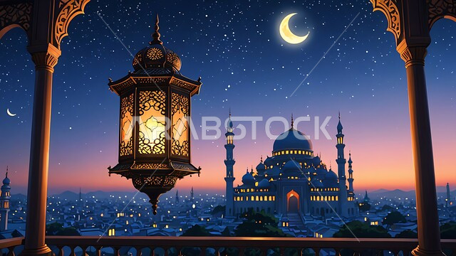 فوانيس وتحف وديكورات تقليدية للاحتفال بقدوم شهر رمضان المبارك، العادات والتقاليد العربية في زينة الأعياد والمناسبات الدينية، فانوس عربي معدني مزخرف مضيء على الأرض، أجواء رمضانية وروحانية إسلامية