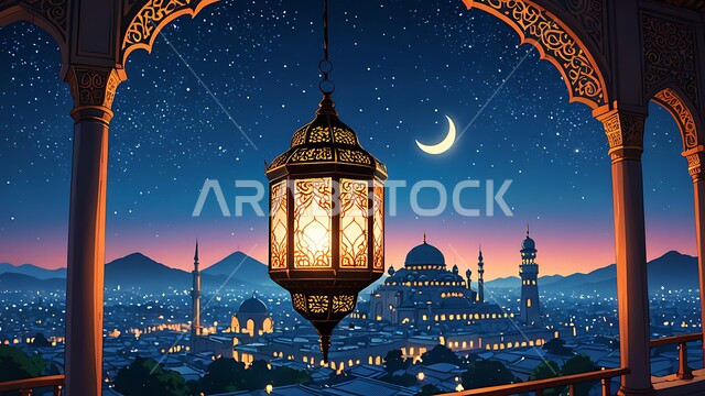 فوانيس وتحف وديكورات تقليدية للاحتفال بقدوم شهر رمضان المبارك، العادات والتقاليد العربية في زينة الأعياد والمناسبات الدينية، فانوس عربي معدني مزخرف مضيء على الأرض، أجواء رمضانية وروحانية إسلامية