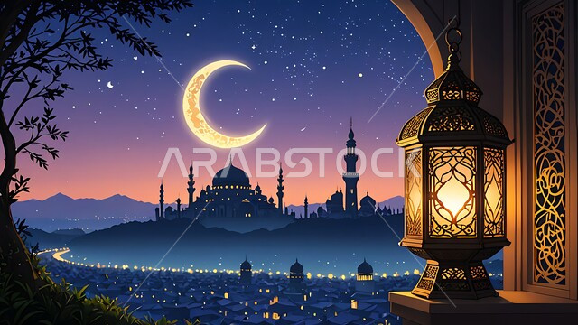 فوانيس وتحف وديكورات تقليدية للاحتفال بقدوم شهر رمضان المبارك، العادات والتقاليد العربية في زينة الأعياد والمناسبات الدينية، فانوس عربي معدني مزخرف مضيء على الأرض، أجواء رمضانية وروحانية إسلامية