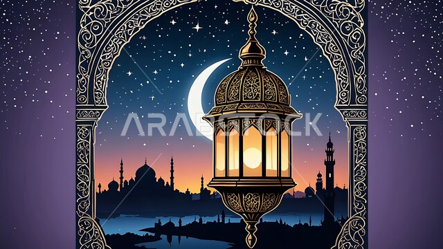 Lanterns, antiques and traditional decorations to celebrate the coming of the holy month of Ramadan, Arab customs and traditions in decorating holidays and religious occasions, a decorated metal Arabic lantern illuminated on the floor, Ramadan atmosphere and Islamic spirituality