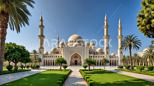 Calling Muslims to perform obligatory duties and prayers, worship and getting closer to God, architectural engineering art for building mosques in the Kingdom of Saudi Arabia, modern exterior decorations and designs for building a mosque in white, Islamic holy places