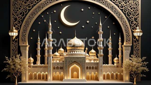 Luxury Islamic religious decorations, ornaments and designs, a three-dimensional model of a mosque illuminated in the Islamic style, a spiritual Ramadan atmosphere, religious holidays and occasions, worship and drawing closer to God in the holy month of Ramadan